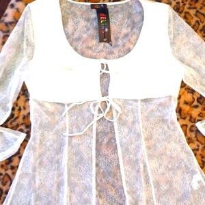 DOLLSKILL DELIA'S XXL WHITE TIE FRONT SHEER SLEEVES SHEER BACK  SOLID SKIRT